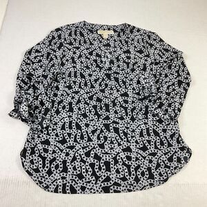 Michael Kors Womens V-Neck Blouse Allover Link Print Tie 3/4 Sleeve Shirt Medium